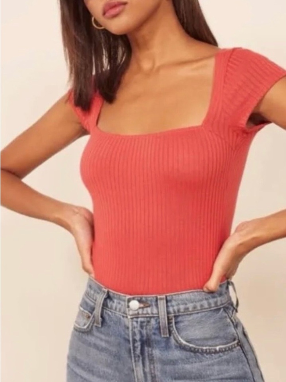 Reformation Lipstick Square-Neck Ribbed Tee